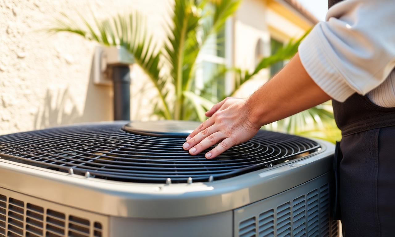 HVAC technician servicing an outdoor AC condenser unit at a Chula Vista home